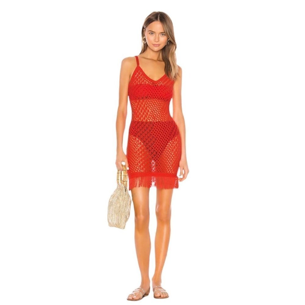 Camila Coelho En Route Crochet Knit Mini Dress Fringe Hem Coral Red Size M